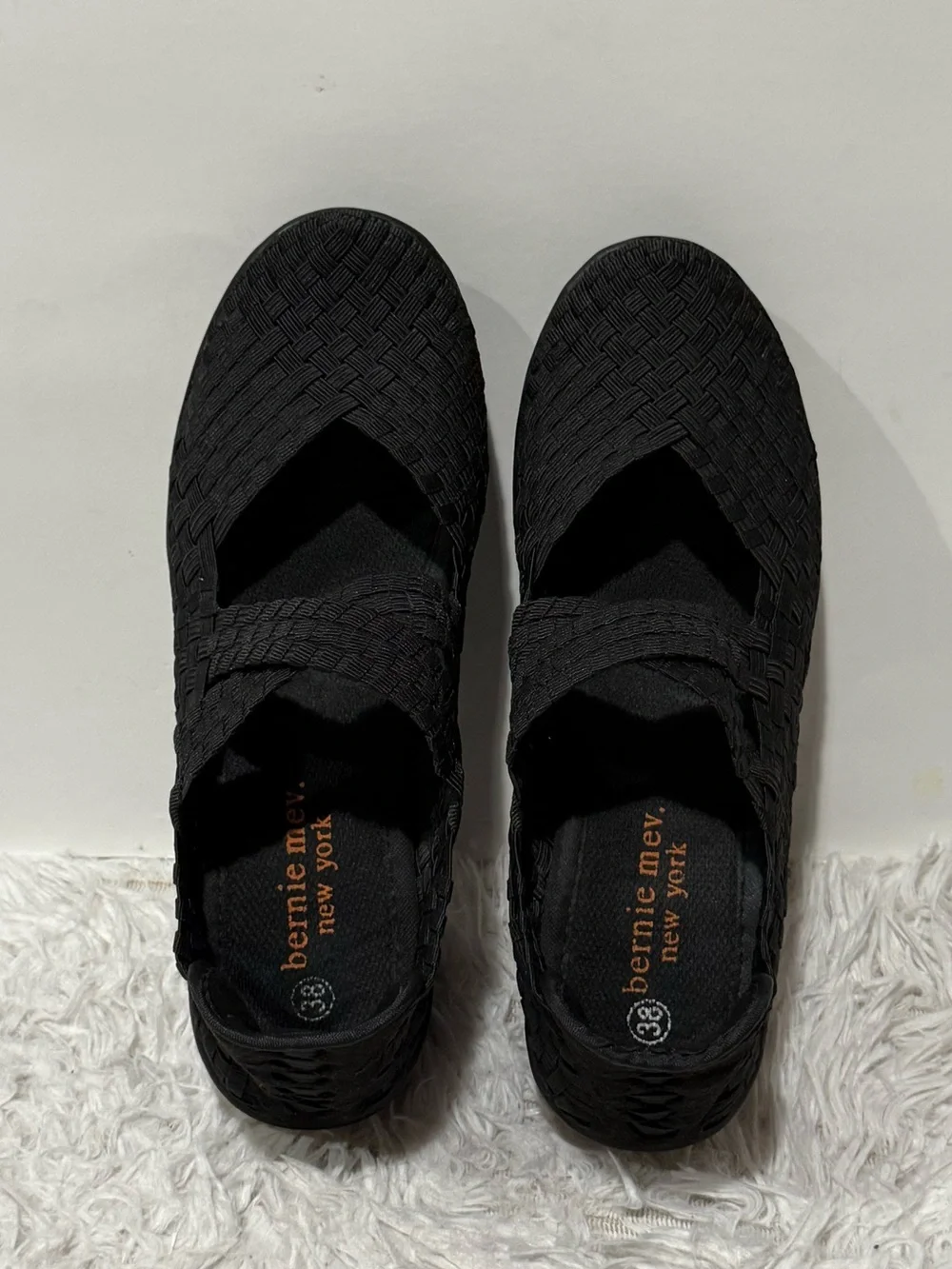 bernie mev. Black Woven Elastic Wedge Sandals Size 38 US7.5